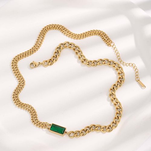 Retro Solid Color Stainless Steel Plating Inlay Artificial Gemstones Gold Plated Pendant Necklace