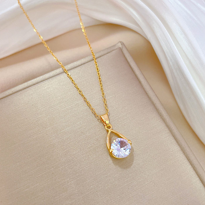 Simple Style Water Droplets Stainless Steel  Copper Inlay Zircon Pendant Necklace