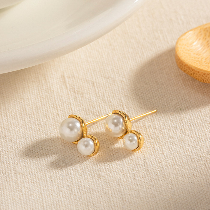 1 paire de clous d'oreilles ronds élégants en acier inoxydable, Style INS, incrustation de perles plaquées or 18 carats