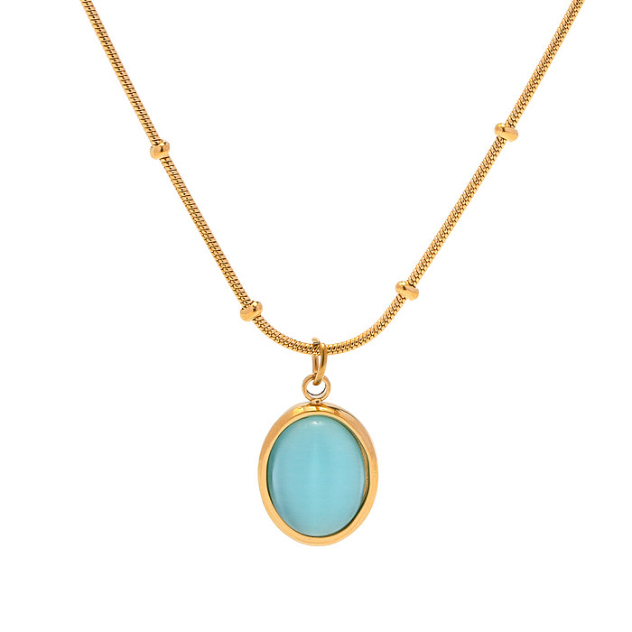 Elegant Round Stainless Steel  Inlay Opal 18K Gold Plated Pendant Necklace