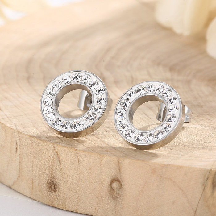 1 Pair Simple Style Round Solid Color Inlay Stainless Steel  Crystal Rhinestones Ear Studs