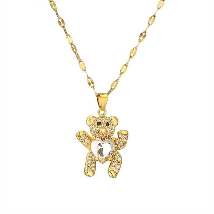 Collier pendentif mignon petit ours de Style dessin animé, en acier inoxydable, placage de cuivre, incrustation de Zircon plaqué or