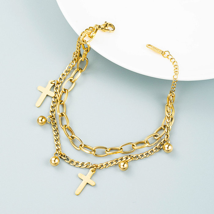 Fashion Double Chain Ball Cross Titanium Steel Bracelet Wholesale jewelry