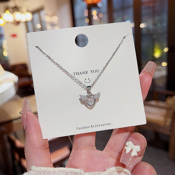 Streetwear Heart Shape Wings Stainless Steel Copper Inlay Artificial Diamond Pendant Necklace