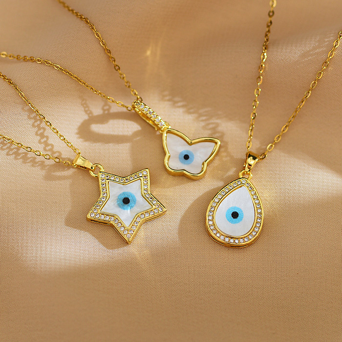 Casual Simple Style Devil'S Eye Star Flower Stainless Steel Copper Enamel Plating Inlay Shell Zircon Pendant Necklace