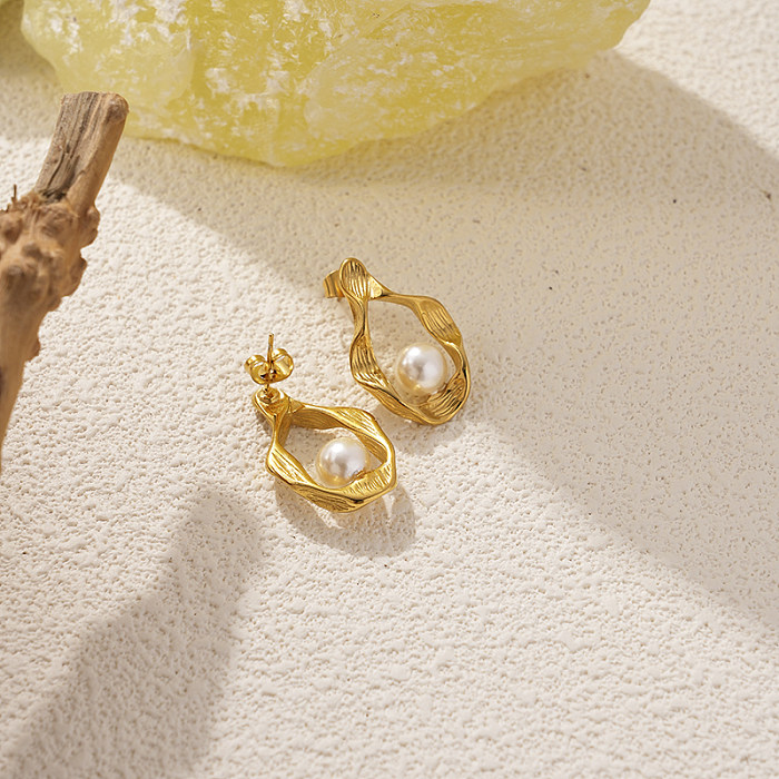 1 par de pendientes chapados en oro de perlas artificiales de acero inoxidable con incrustaciones de Color sólido de estilo clásico