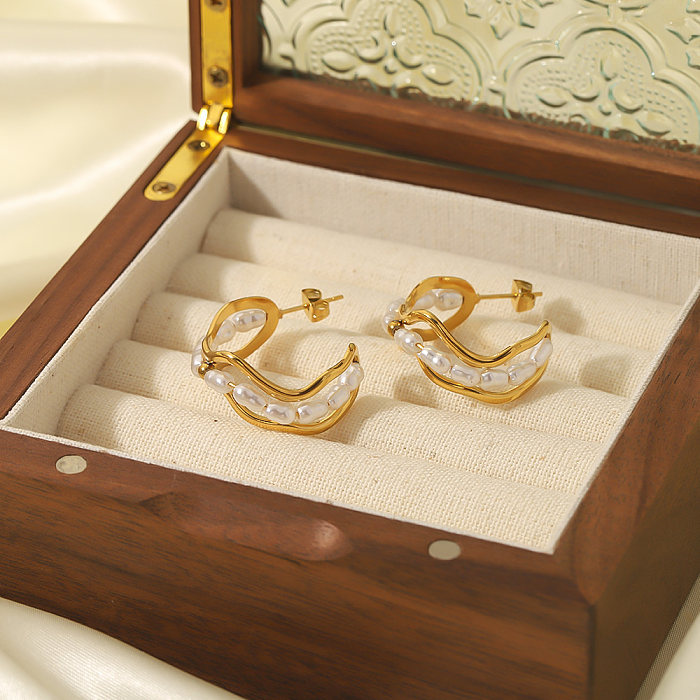 1 Paar Vintage-Stil, Urlaub, schlichter Stil, C-Form, polierte Beschichtung, Inlay, künstliche Perlen aus Edelstahl, 18 Karat vergoldete Ohrstecker