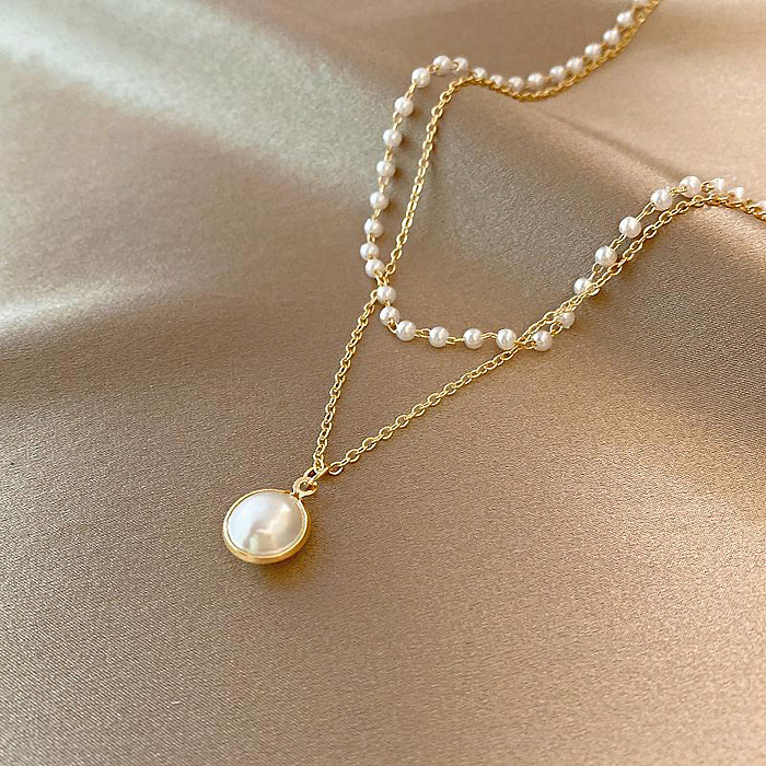 Wholesale Elegant Round Stainless Steel 18K Gold Plated Freshwater Pearl Layered Necklaces