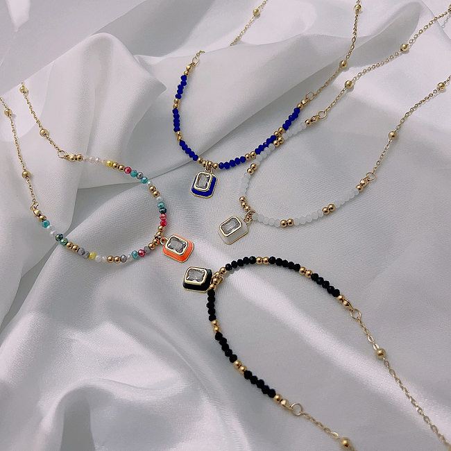 Modische rechteckige Edelstahl-Perlen-Emaille-Inlay-Zirkon-Anhänger-Halskette, 1 Stück