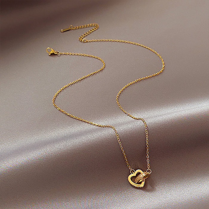 Collier avec pendentif en forme de cœur en acier inoxydable, Style Simple, incrusté de strass, 1 pièce