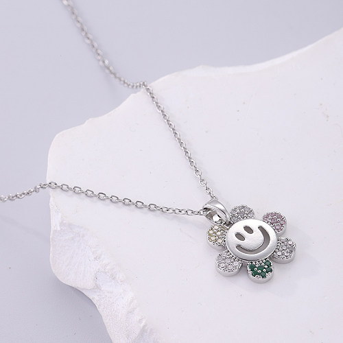 Vintage Style Flower Stainless Steel  Plating Inlay Zircon Silver Plated Pendant Necklace