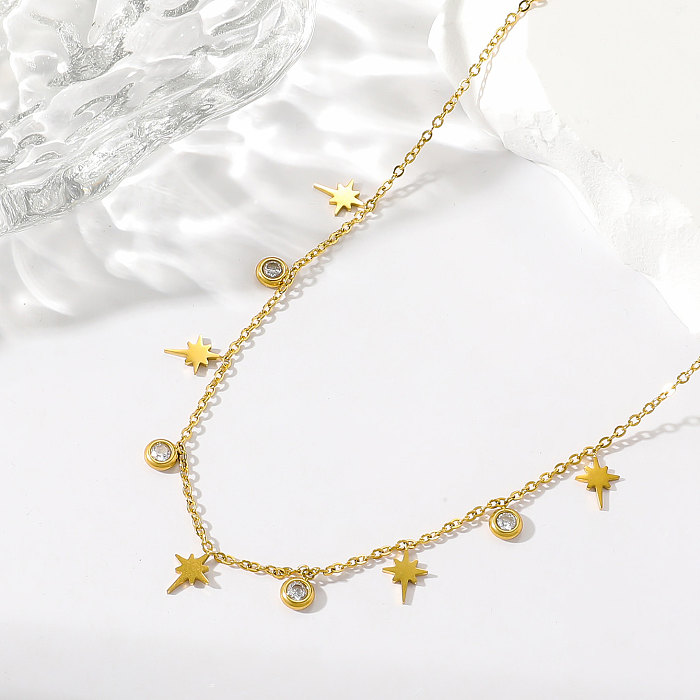 Vintage Style Eight Awn Star Solid Color Stainless Steel  Plating Inlay Zircon 18K Gold Plated Necklace
