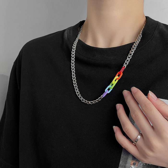 Fashion Simple Geometric Hollow Chain Colorful Stitching Stainless Steel Necklace