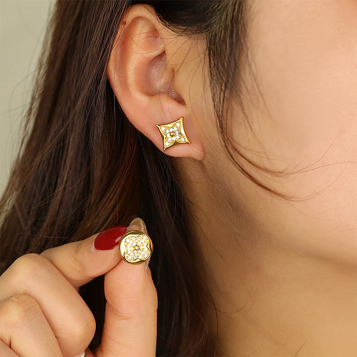 1 Pair Casual Simple Style Printing Polishing Plating Inlay Stainless Steel  Zircon Gold Plated Ear Studs