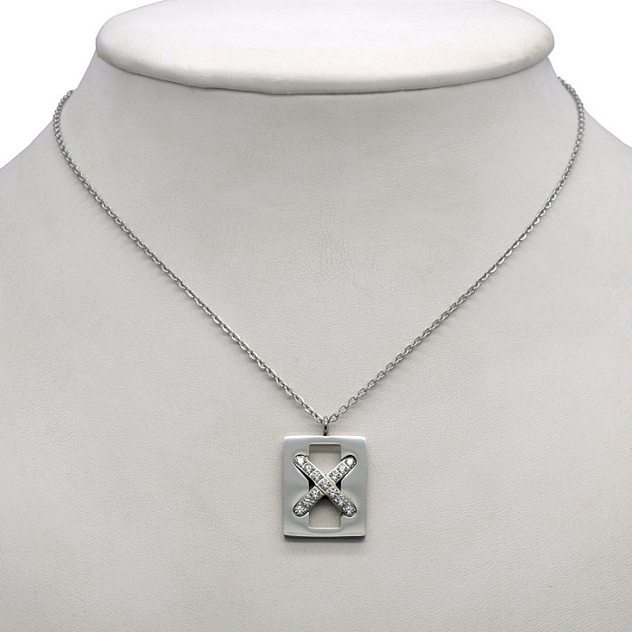 IG Style Letter Stainless Steel Hollow Out Inlay Zircon Pendant Necklace
