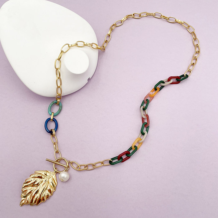 Collier pendentif décontracté en forme de feuille de vacances, en acier inoxydable, plaqué perles acryliques, plaqué or
