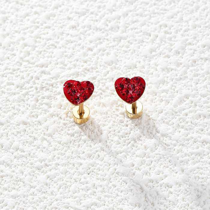 4 Pairs Classic Style Shiny Heart Shape Plating Inlay Stainless Steel  Rhinestones 18K Gold Plated Ear Studs