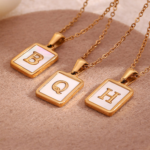 Vintage Style Letter Square Stainless Steel  Plating Inlay Shell 18K Gold Plated Pendant Necklace