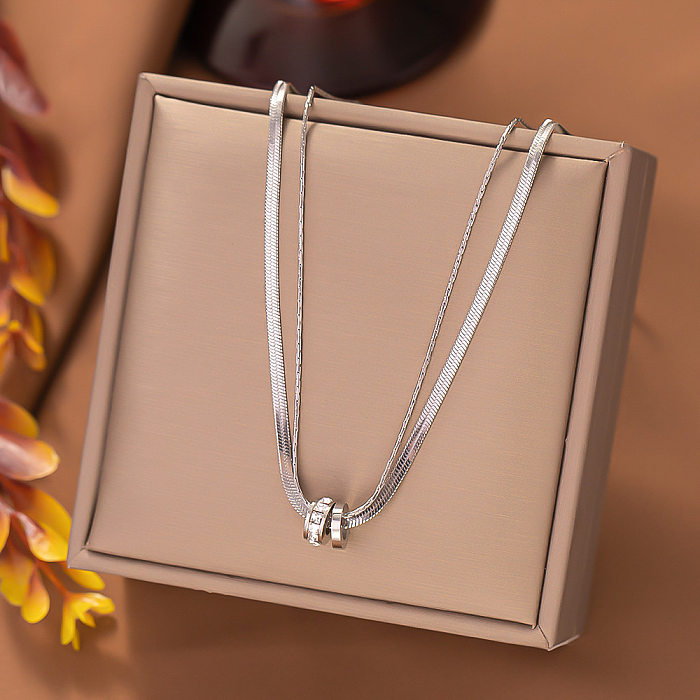 Schlichte Doppelring-Halsketten mit Edelstahlbeschichtung und Inlay aus künstlichen Diamanten