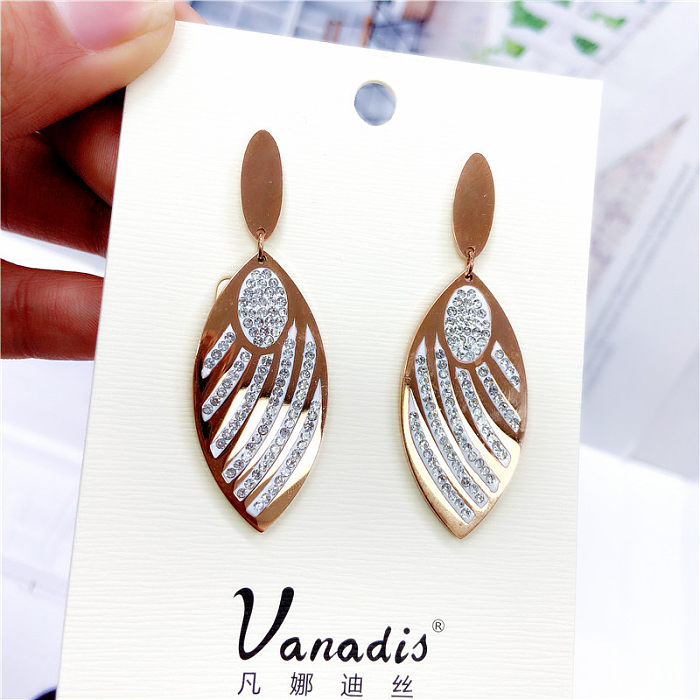 Aesthetic Retro Fashion Diamond Feather Leaves Long Stainless Steel Earrings Jewelry