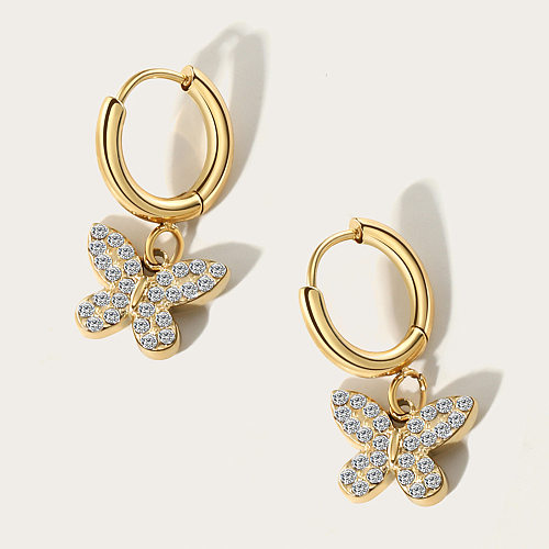 1 paire de boucles d'oreilles pendantes en acier inoxydable et Zircon, Style Simple, incrustation de papillon