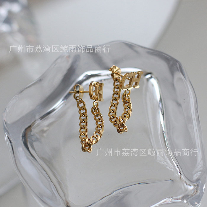 Letter Tassel Chain C Rear Hanging Stainless Steel Gold-plated Earrings