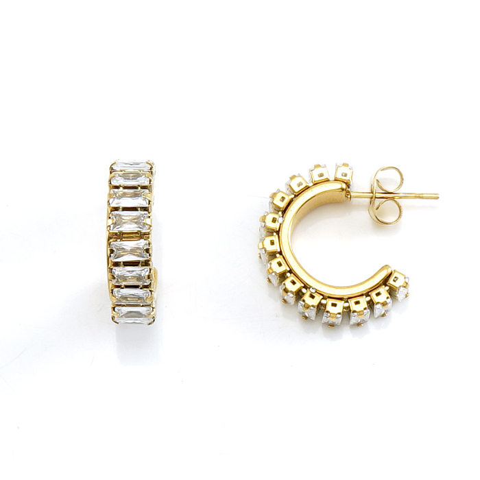 Boucles d'oreilles en diamant artificiel avec incrustation en acier inoxydable en forme de C de style simple, 1 paire