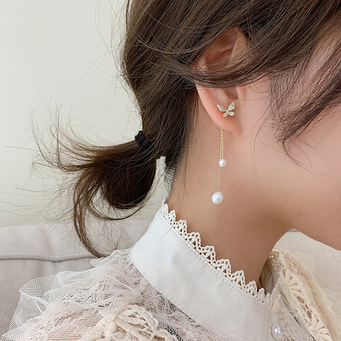 1 Paar glänzende Schmetterlings-Inlay-Ohrringe aus Edelstahl mit Strasssteinen und Perlen im IG-Stil