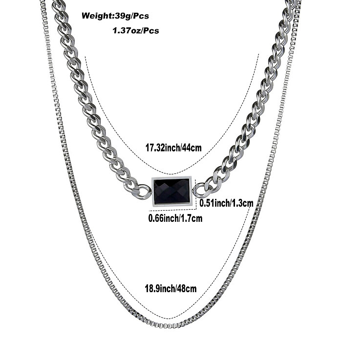 Hip-Hop Square Stainless Steel  Plating Inlay Artificial Gemstones Silver Plated Layered Necklaces