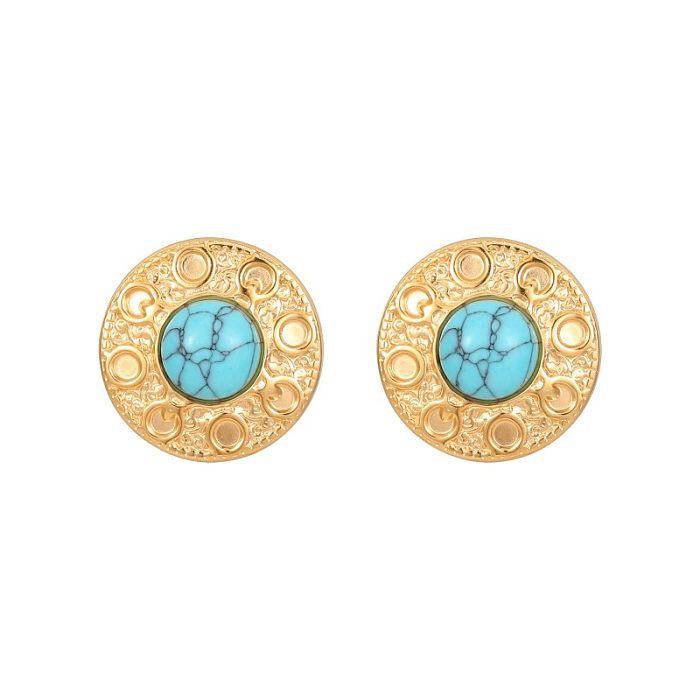 1 Pair Vintage Style Round Polishing Plating Inlay Stainless Steel  Malachite Opal Lapis Lazuli Gold Plated Ear Studs
