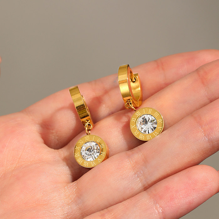 1 Pair Casual Elegant Modern Style Roman Numeral Plating Inlay Stainless Steel  Zircon 18K Gold Plated Drop Earrings