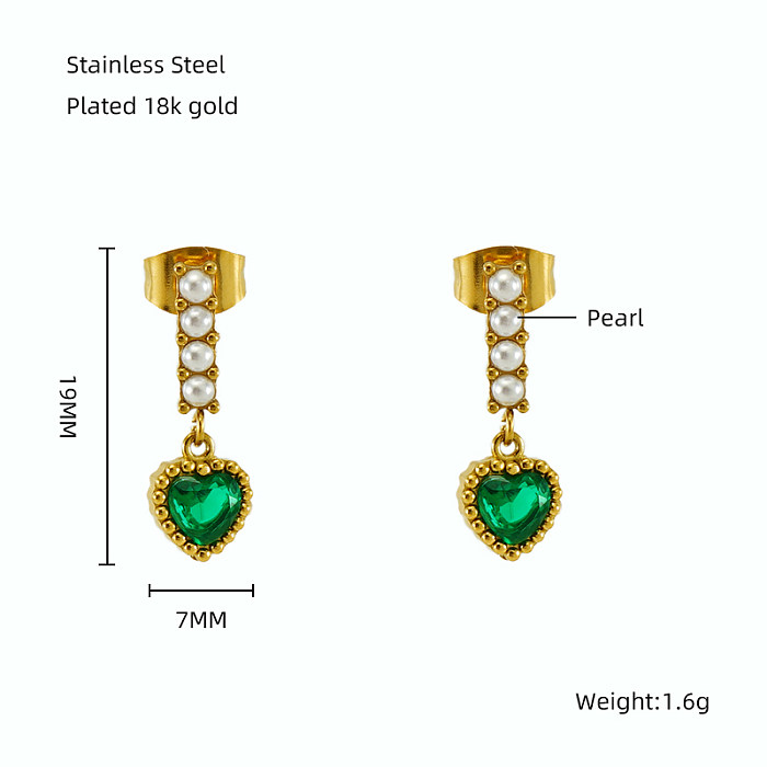 1 paire de boucles d'oreilles pendantes élégantes de style classique vintage en forme d'étoile en forme de cœur avec incrustation rectangulaire en acier inoxydable et zircon plaqué or 18 carats