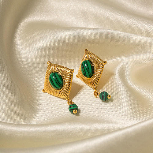 1 paire de boucles d'oreilles élégantes en forme de losange en acier inoxydable, incrustation de Malachite plaquée or 18 carats