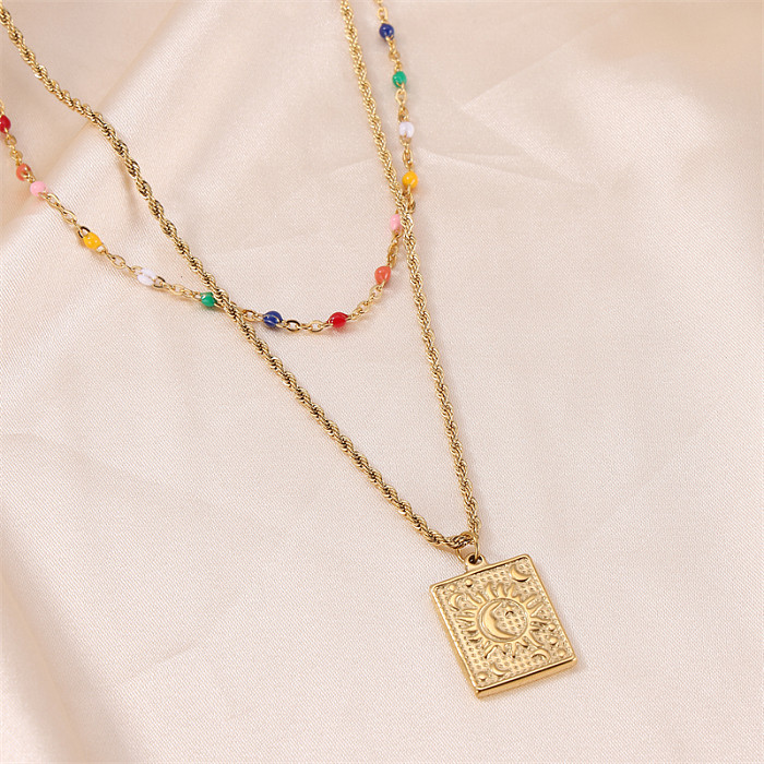 Lässige, doppellagige Halsketten im Hip-Hop-Vintage-Stil mit geometrischer Edelstahlbeschichtung und 18-Karat-Vergoldung