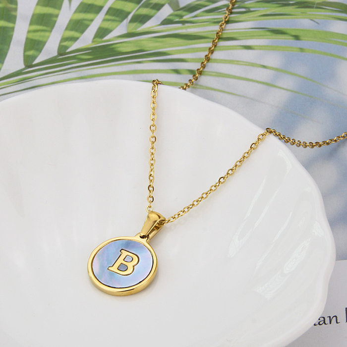 Collier avec pendentif en acier inoxydable, Style Simple, rond, coquille bleue, 26 lettres anglaises