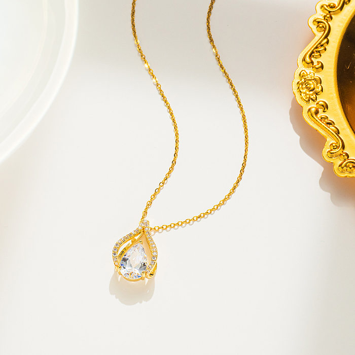 Einfache Halskette mit Wassertropfen-Anhänger im klassischen Stil, Edelstahl-Beschichtung, Intarsien, Zirkon, 18 Karat vergoldet