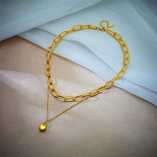 Estilo retrô coreano formato de coração revestimento em camadas de aço inoxidável banhado a ouro 18K colares de camada dupla
