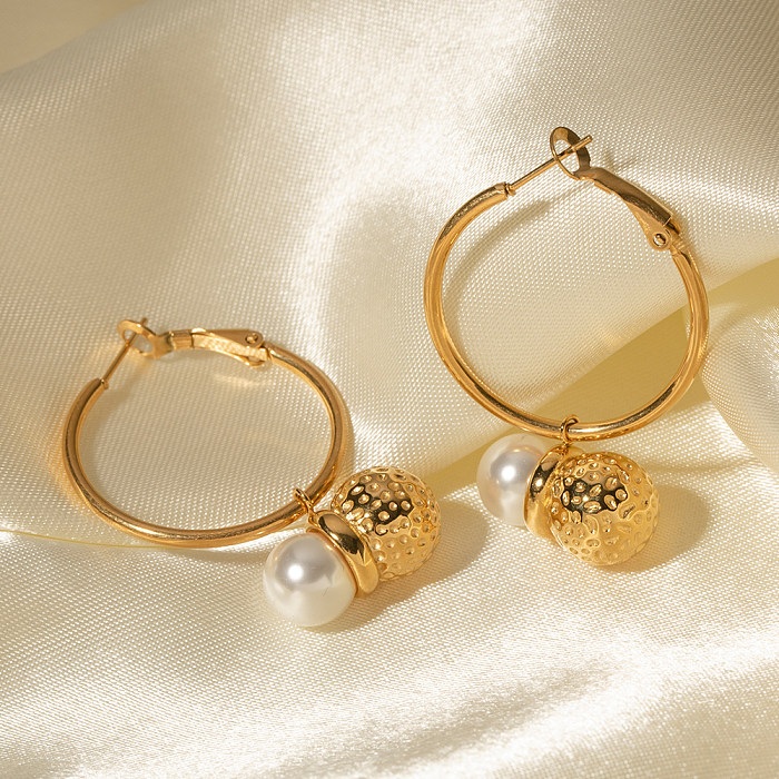 1 Paar Ohrringe im IG-Stil mit runder Beschichtung und Inlay aus Edelstahl mit 18 Karat vergoldeter Perle