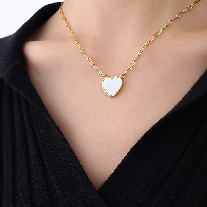 European And American Heart-shape White Shell Pendant Stainless Steel Necklace