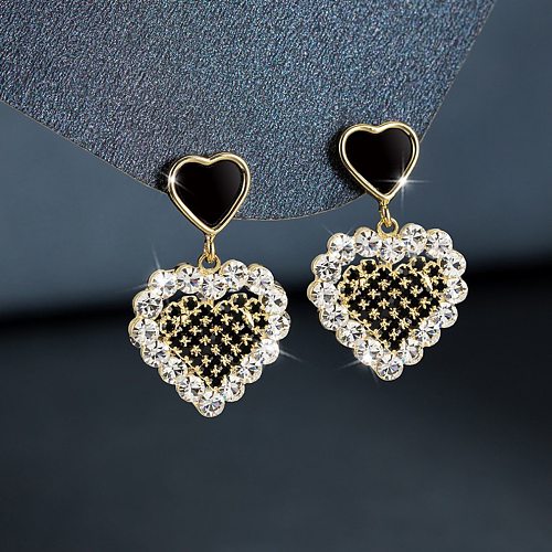 1 paire de boucles d'oreilles pendantes en forme de cœur, Style Vintage de base, incrustation de strass en acier inoxydable