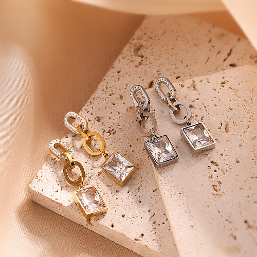 1 Pair Simple Style Commute Square Plating Inlay Stainless Steel Zircon 18K Gold Plated Drop Earrings