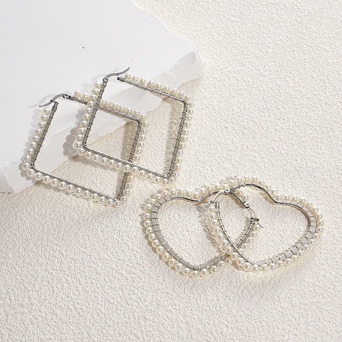 1 par feminino estilo simples geométrico quadrado formato de coração incrustação de brincos de pérolas artificiais de aço inoxidável