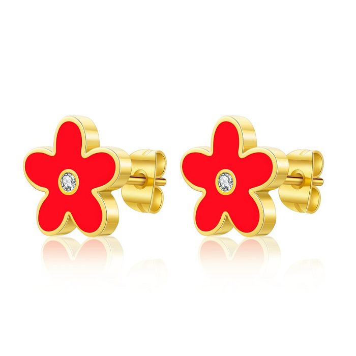 1 Pair Cute Flower Epoxy Plating Inlay Stainless Steel  Zircon Gold Plated Ear Studs