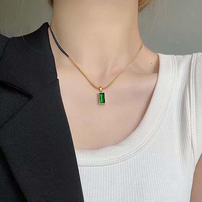 Elegant Simple Style Rectangle Stainless Steel Plating Inlay Artificial Diamond 18K Gold Plated Pendant Necklace