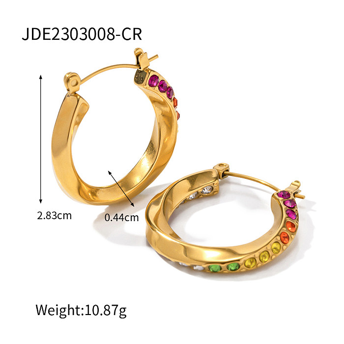 1 par de brincos de argola banhados a ouro 18K com diamante artificial de aço inoxidável redondo chapeado estilo moderno