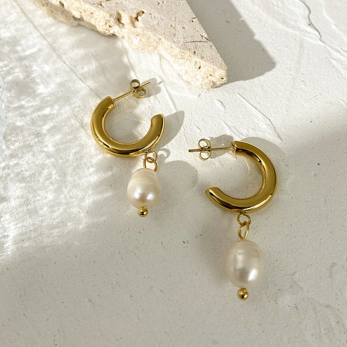 Wholesale Stainless Steel  C-shaped Pearl Pendant Hoop Earrings jewelry