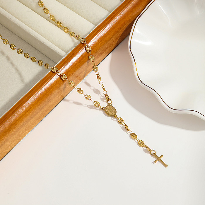 Elegante klassische Kreuz-Jungfrau-Maria-Halskette aus Edelstahl mit 18-Karat-Vergoldung