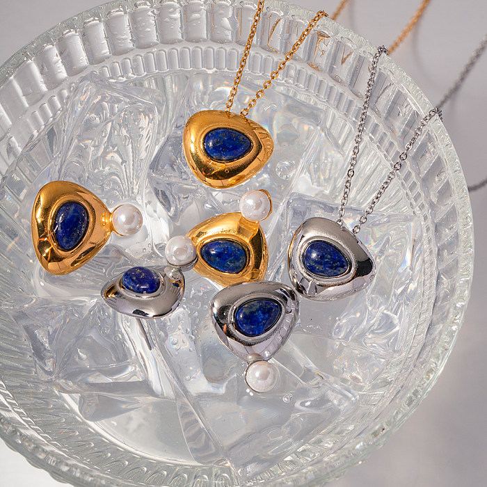 Pendientes chapados en oro de 1K, 18 par, informales, elegantes, con incrustaciones triangulares, perlas artificiales de acero inoxidable, lapislázuli