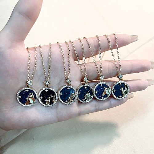 Simple Style Round Constellation Stainless Steel  Copper Gold Plated Zircon Pendant Necklace In Bulk