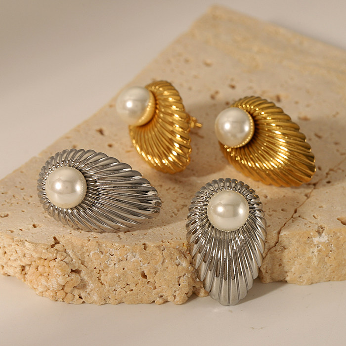 Pendientes chapados en oro de 1K con incrustaciones geométricas, aretes chapados en oro de 18K, perlas de agua dulce de acero inoxidable, estilo nórdico elegante, XNUMX par